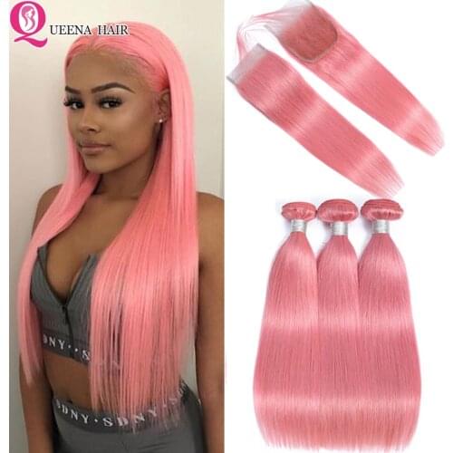 Pink Bundles With Closure Peruvian Colored Human Hair Bundles With Closure Straight Hair Weave Swiss Lace Closure And Bundles
