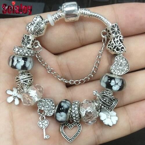 Seialoy Love Flower Charm Bracelets For Women Girls Original Shiny Crown Heart Beaded Silver Color Bracelet & Bangle Jewelry