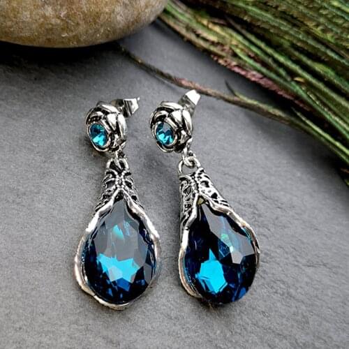 Wish K-pop New Korean Rose Water Drop Flower Earrings For Women Fashion Fine Swarovy Peacock Blue Crystal Dangle Earring Jewelry