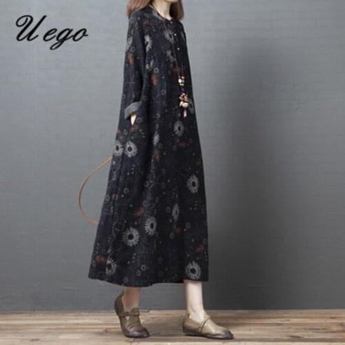 Uego 2021 New Long Sleeve Women Autumn Dress Floral Print Female Dress Cotton Linen Vintage Dress Plus Size Loose Spring Dress