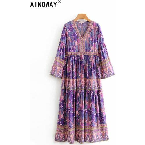 Vintage chic women purple floral print V-neck rayon beach Bohemian happie dress Ladies Tassel lace-up Summer Boho Maxi dress