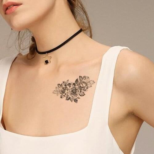 Temporary Tattoo Stickers Sexy Sketch Peony Rose Flowers Leaves Fake Tatto Waterproof Tatoo Arm Legs Large Size for Women Girl