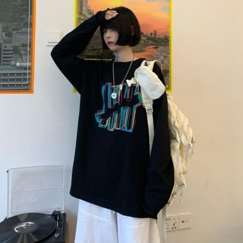 Korean Kpop Punk Letters Aesthetic Clothes Black Long Sleeve T-Shirt Woman Couple Emo Urban Top Goth 90s Tee Grunge Clothes y2k