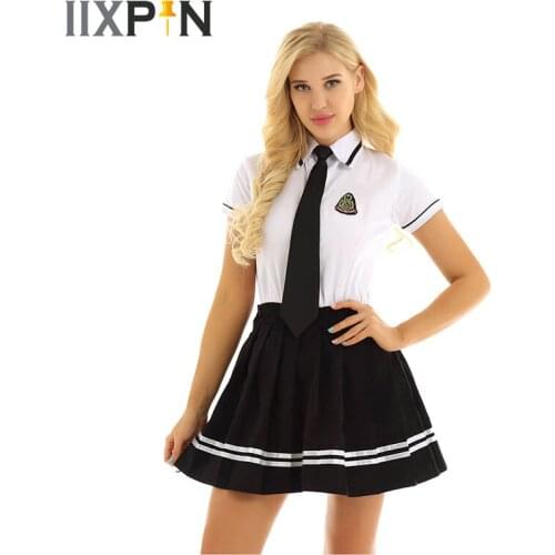 Women School Girls Sexy Costumes Cosplay Japanese School sailor uniform T-shirt Top Black Pleated Skirt with Badge and Tie Set