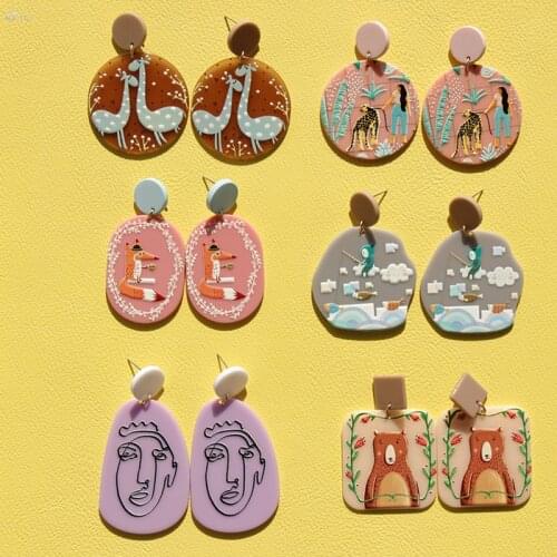 AOMU 2020 New Creative Animal Pattern Portrait Graffiti Geometric Round Square Colorful Acrylic Earrings for Women Jewelry
