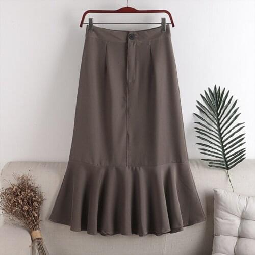 Autumn Winter Skirts Womens Midi Length Korean Elegant Button zipper Waistband High Waist Skirt Female Fish tail Splicing Skirt