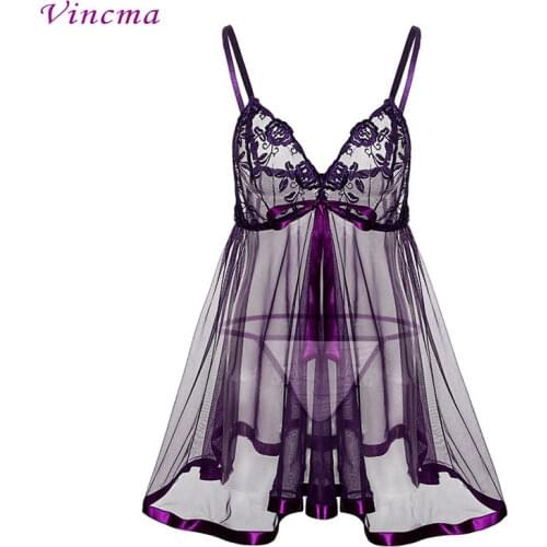 XXL 3XL 4XL 5XL 6XL Plus Size Women Embroidery Bra Big Bow Erotic Underwear Hot Sexy Lingerie Babydolls Transparent Purple Dress