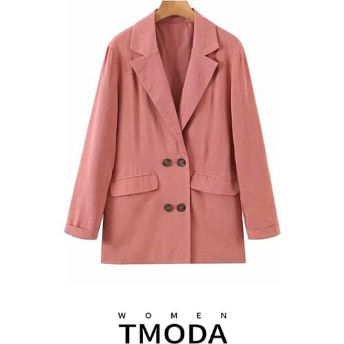 TMODA1456 Za 2021 Womens Cotton Linen Blazer Double Breasted Suit Jacket Loose Oversize Coat Solid Color Formal Blazer Female