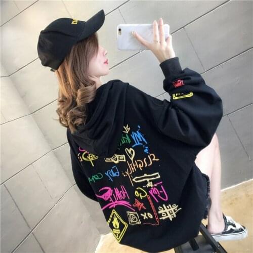 Black Graffiti Printing Hoodie Female Loose Casual Vintage Pullover Tops Streetwear Fashion Hip-hop Style Girl Sport Pullover