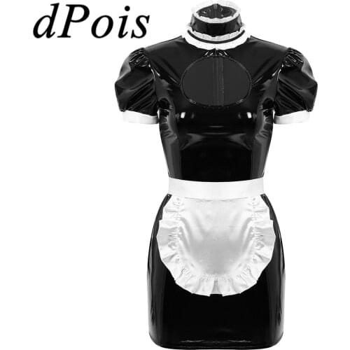 Womens Maid Dress Uniform Cosplay Costume High Neck Puff Sleeves Breast Hollow Out Wet Look Patent Leather Bodycon Mini Dress