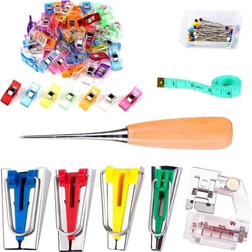 KAOBUY 117PCS Bias Tape Tool Kit With Instruction,60 Pcs Sewing Clips, 50 Pcs Ball Point Pins, Awl, Sewing Machine Presser Foot