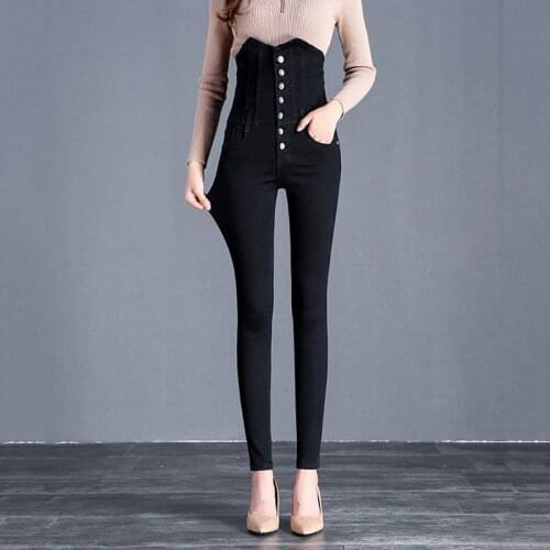 2021 Winter Thick Plus Velvet Womens Casual Black Blue Skinny Jeans Fashion Fleece Warm High Waist Stretch Mom Pencil Denim Pant