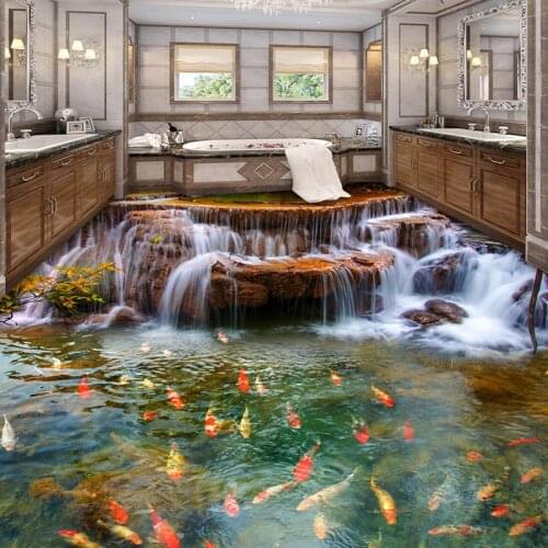 Chinese Style Waterfall Carp 3D Floor Mural Wallpaper Kitchen Waterproof Wear Thick Self-adhesive 3D Floor Tiles PVC Wallpapers