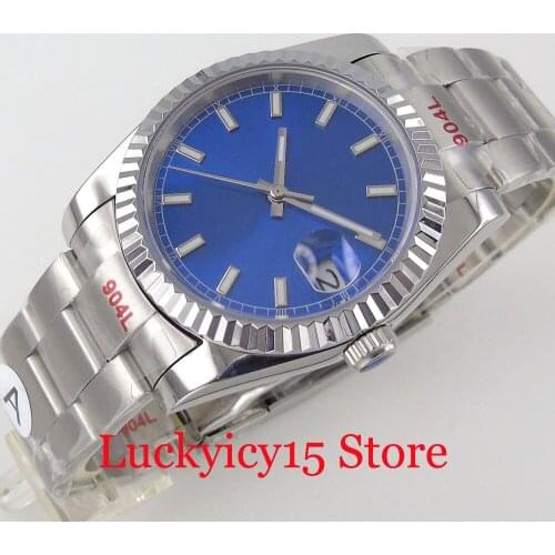 BLIGER 36mm/39mm Blue MIYOTA 8215 Automatic Men Watch Fluted Bezel Date Glide Lock Steel Oyster Strap Baton Hand agnifier