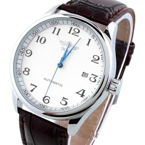 White Dial Date Mens Mechanical Watch Skeleton Stainless Steel Case Analog Brown Leather Strap Men Wrist Watches Gifts