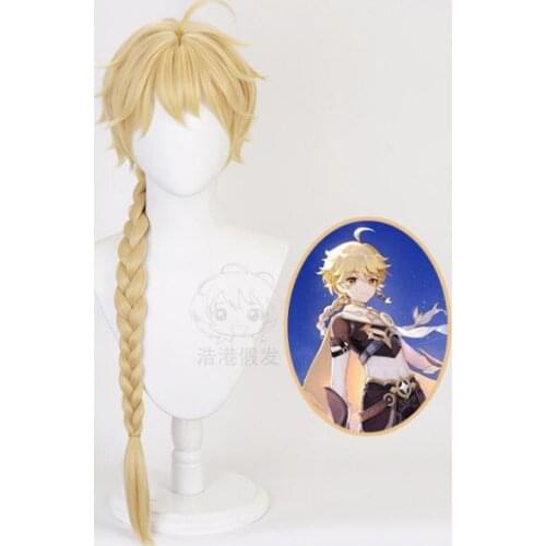 85CM Long Braid Wig Cosplay Anime Game Genshin Impact Aether Traveler Golden Costume Heat Resistant Synthetic Hair Men Women Wig
