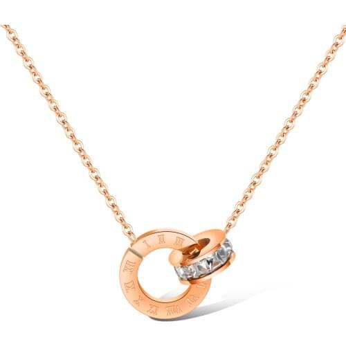 Korean Fashion Accessories Titanium Steel Plated Rose Gold Double Ring Roman Numeral Necklace Short Set Zircon Clavicle Chain