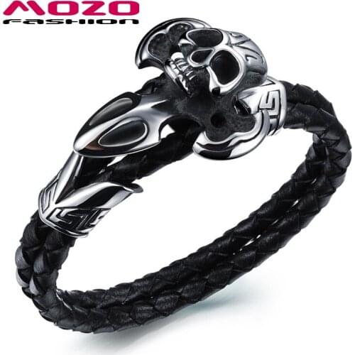 Hot Sale Fashion Jewelry Stainless Steel Skull Bangles Punk Charm Pulseras Black Double Layer Mens Leather Bracelet PS1027