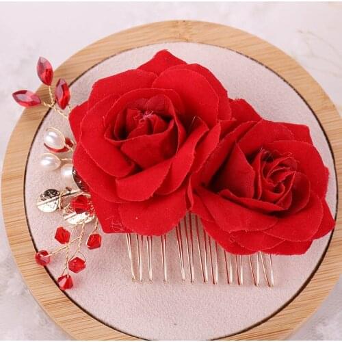 GETNOIVAS Red Rose Flower Hair Combs Jewellery Pearl Floral Bridal Tiaras Headpiece Hair Jewelry Women Wedding Accessories SL