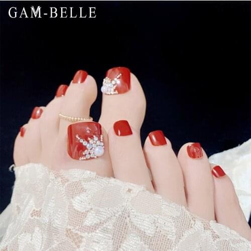 GAM-BELLE Red Fake Toe Nails with 3D Pearl Designs Full Cover Detachable Artificial False Nails Tips DIY Manicure Decoration