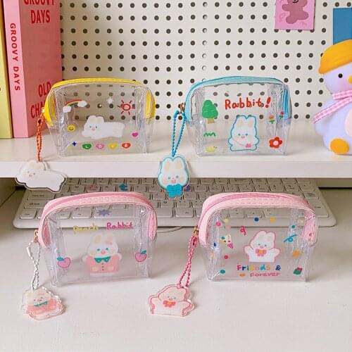 Kawaii Transparent PVC Stationery Storage Bag Portable Cartoon Pencil Case Desk Supplies Cosmetics Organizer School Stationery