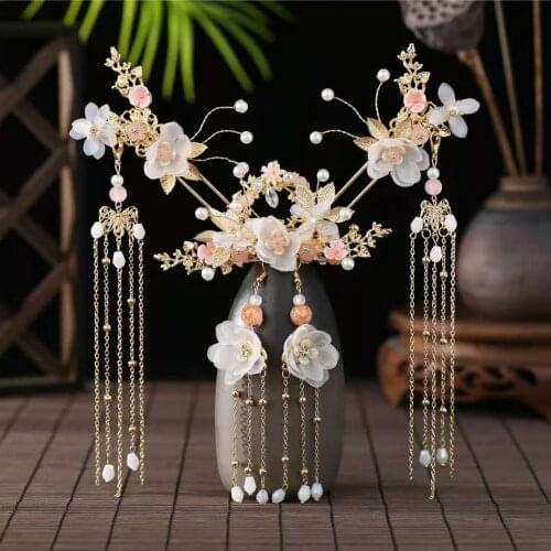 Chinese Vintage Pink Shell Tassel Flowers Handmade Hairpin Hair Sticks Hair Accessories Headwear for Hanfu Kimono COSPLAY