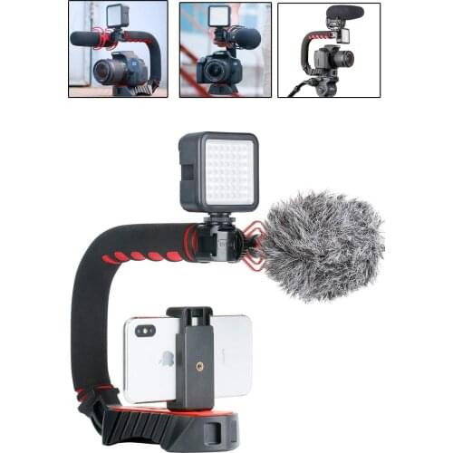 Video Stabilizing Handle Grip Kit,U-Grip Pro + Boya by-MM1 Microphone + W49 LED Video Light + Phone Clip for iPhone 11 XS 8 Plus
