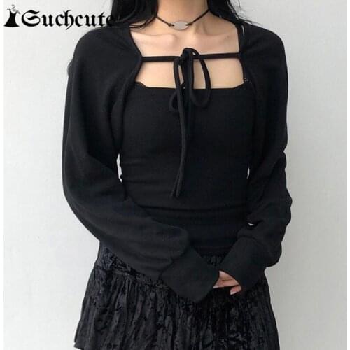 SUCHCUTE 2 Pieces Set Gothic Clothes Women Aesthetic Casual Cropped Top Vintage Bandage Sexy Vest T Shirts Streetwear Harajuku