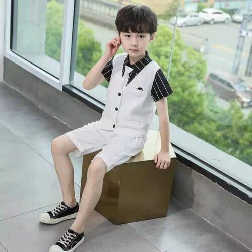 For 3 4 5 6 8 10 12 13 Years Boys Boys Cloting Set Childrens Summer Solid Color Student Formal 2Pcs Vest +Short Pant Clothes