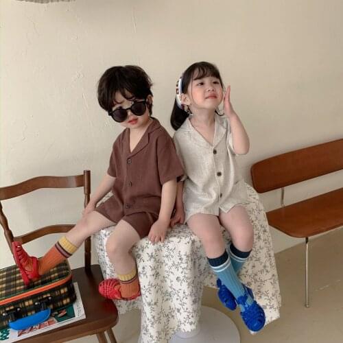 Summer Childrens Korean Boys And Girls Baby Clothes Cotton Linen Short Sleeve Shorts Baby Girls' Clothing Sets Shorts Outfit