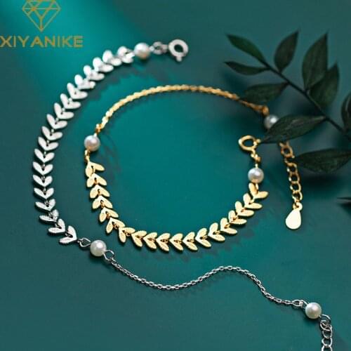 XIYANIKE 925 Sterling Silver Fashion Leaf Moonstone Bracelets Bangles For Women Couple Creative Geometric Handmade Party Jewelry