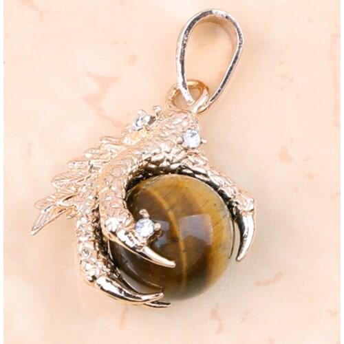 Trendy-beads Light Yellow Gold Color Dragon Claw Natural Tiger Eye Stone Round Bead Pendant Classic Jewelry