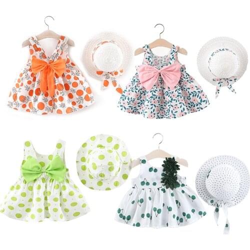 2021 New Fashion Baby Girl Dresses Princess Clothing Cute 2Pcs Set Party Cotton Flower Children Bow Hat Sleeveless Sweet 1-3Y