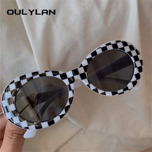 Oulylan Kurt Cobain Glasses Men Oval Sunglasses for Women Vintage Retro Sunglass Female Male Plaid Printing Eyewear UV400