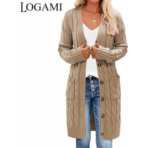 LOGAMI Single Breasted Thick Long Cardigan Women Twist Knitted Cardigans Sweater Solid Coat