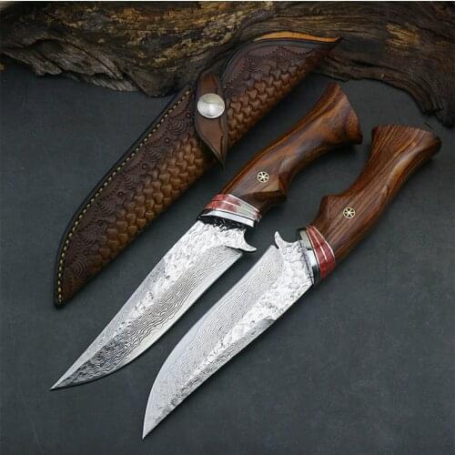 Samurai 60 HRC Handmade Damascus hunting straight knife rosewood bone turquoise handle with cowhide leather sheath