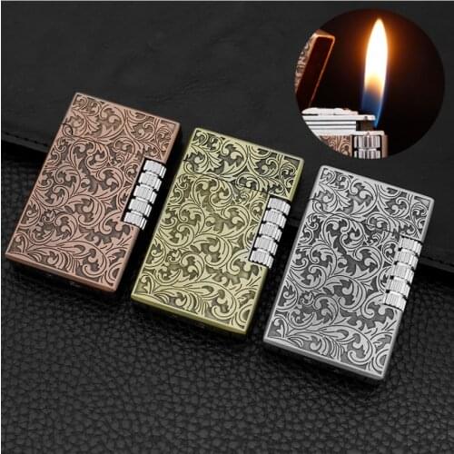 Personalized embossed pattern creative retro butane Inflatable gas cigarette lighter grinding wheel flint open flame igniter