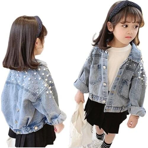 2021 Autumn Baby Girl Clothes Outerwear Lapel Jackets Coat Pearls Beading Denim Jacket For Girls Fashion Coats Children Clothing