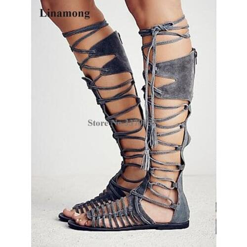 Women Fashion Open Toe Suede Leather Knee High Gladiator Flat Boots Cut-out Thin Straps Cross Bohemia Beach Boots Summer Boots
