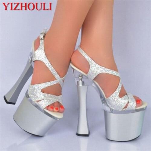 Silver/Black 18CM Sexy Super High Heel Sandals Platforms Pole Dance/Performance/Star/Model Shoes, Wedding Dance Shoes