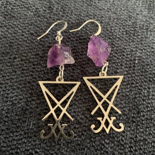 Witch Natural Purple Crystal Raw Stone Lucifer Sigil Symbol Earring Healing Stone Teardrop Goth Gothic Punk Jewellery Women Gift