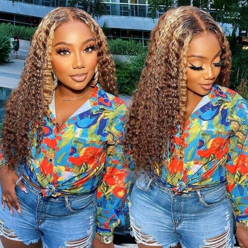 Curly Brown Ombre Lace Closure Wigs Brazillian Highlight Deep Curly Wigs Pre Plucked With Baby Hair T Lace Front Human Hair Wigs