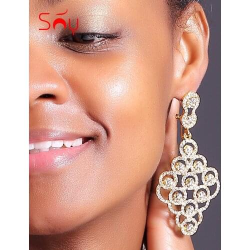 Sunny Jewelry Classic Jewelry Big Earrings For Women Long Drop Dangle Earrings Statement Cubic Zirconia Feather Wedding Earrings