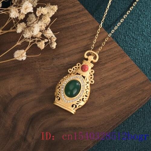 Green Jade Vase Pendant Jewelry Crystal Chinese Zircon Necklace Charm Gemstone Chalcedony 925 Silver Natural Fashion Amulet