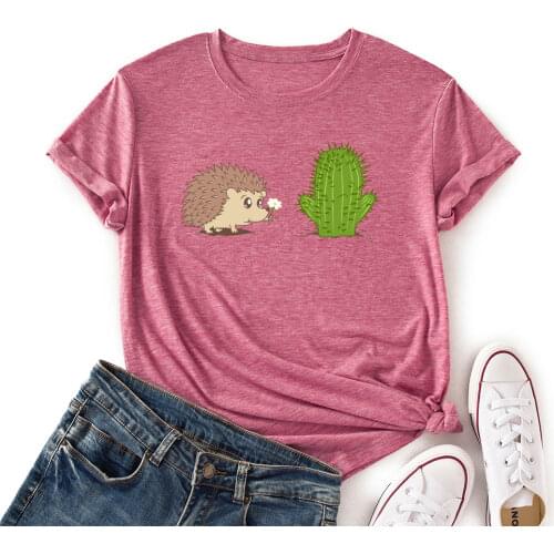 Women Short Sleeve Casual Streetwear T-shirts Hedgehog Cactus Graphic Tee Tops Female Clothes Summer Shirts for Women