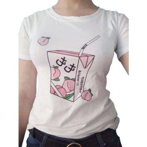 Peach Juice Japanses Aesthetic Grunge T Shirt Women Girl Kawaii White Tee 2019 Summer Casual Tumblr Outfit Fashion Tops T-Shirt