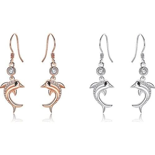 Romantic Zircon Dolphin Rose Gold Drop Earrings For Women Jewelry Fashion Lady S925 Sterling Earring Girl Shining Accessories