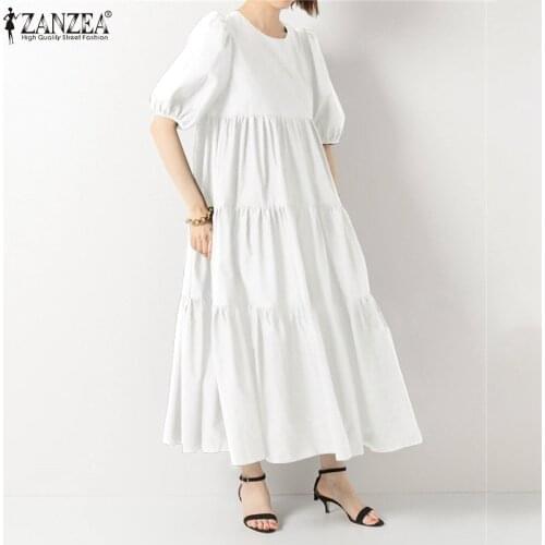 ZANZEA Women Summer Short Puff Sleeve Sundress Casual Loose Ruffle Party Dress Lady Vintage O Neck Stiching Kaftan