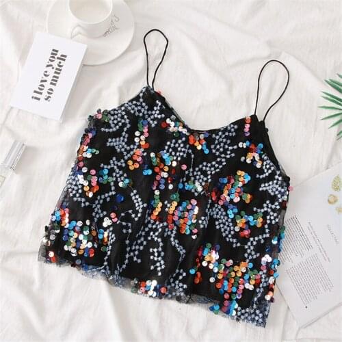 2019 New Fashion Summer Sexy Women Sequined Vest V-neck Mesh Tank Sling Summer Outfits Lady Short paragraph Tanks Pullovers 772