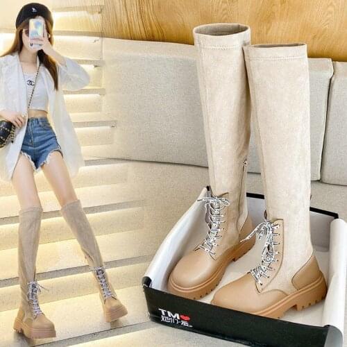 Winter Women Platform Knee High Boots Womens Leather Motorcycle Boots Ladies Slip On Mid Heels Female Fashion Pumps Woman Shoes